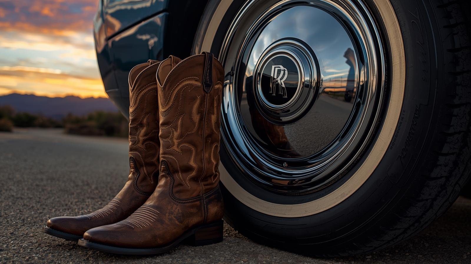 Cowboy Rolls Royce Dallas Texas with brown cowboy boots